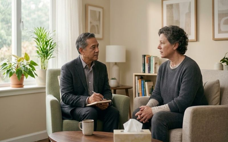 Compassionate therapist and patient in a warmly lit clinical office engaged in a supportive therapy session addressing co-occurring addiction and mental health 