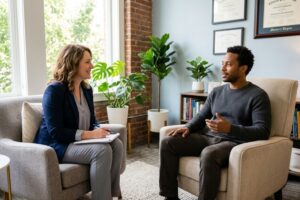 Person receiving dual diagnosis treatment with therapist at New Hampshire recovery center