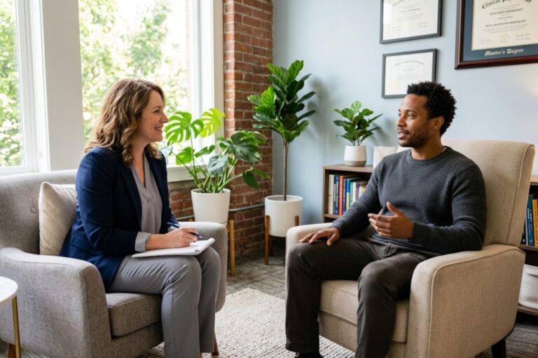 Person receiving dual diagnosis treatment with therapist at New Hampshire recovery center