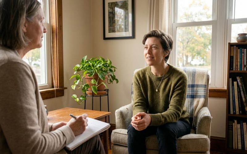 Person sitting in a supportive therapy session at an outpatient treatment center, representing early recovery and professional clinical support 