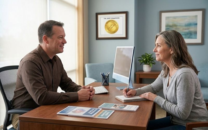 Concerned family member receiving guidance about addiction treatment options in New Hampshire