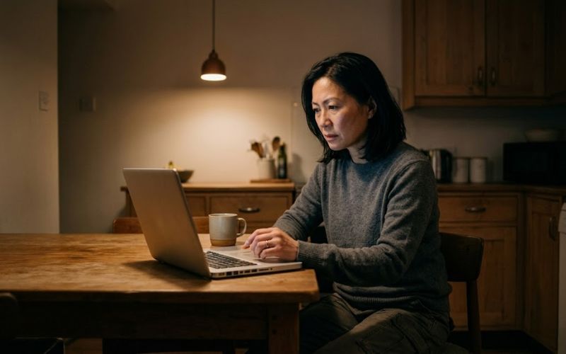 A parent sitting at a kitchen table late at night researching meth addiction treatment options on a laptop