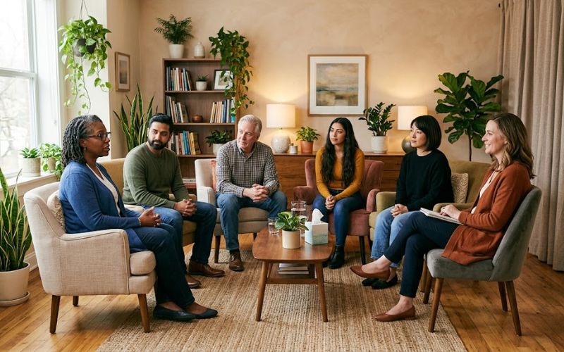 A small group therapy session with diverse adults seated in a circle in a warm, comfortable room, representing Heartfelt Recovery Centers' group programming