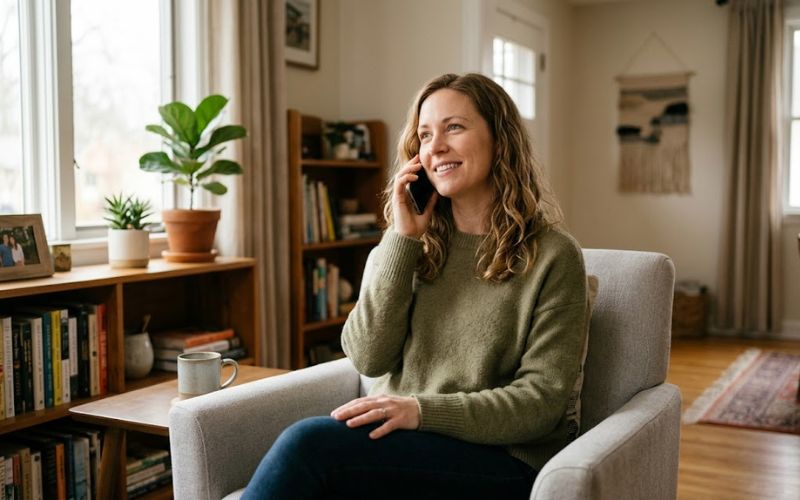 A person sitting comfortably at home making a phone call to a treatment admissions team, representing the first step toward recovery at Heartfelt Recovery Centers 