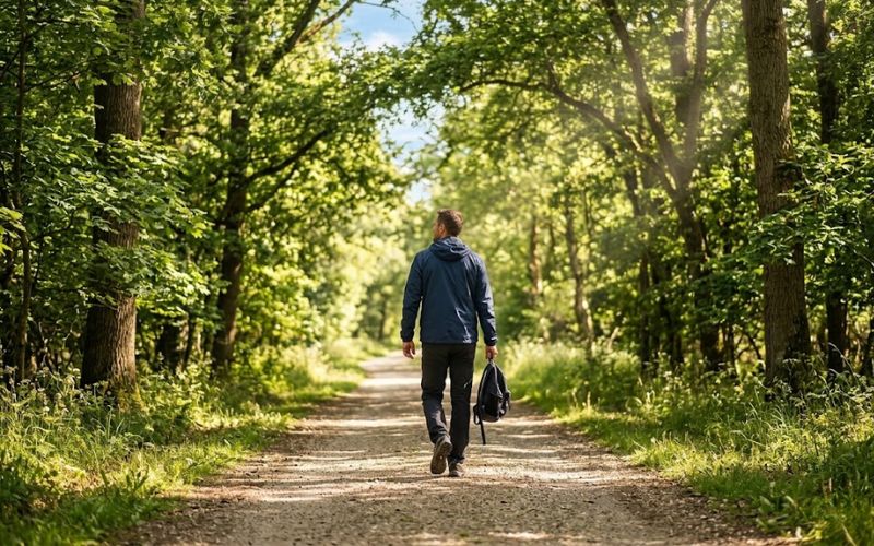 A person walking outside on a sunny day along a tree-lined path, symbolizing hope, renewal, and the beginning of a recovery journey at Heartfelt Recovery Centers.