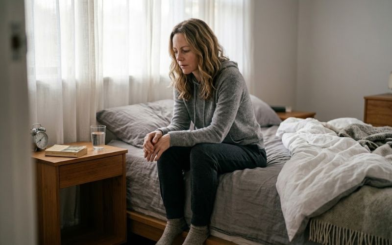 A person sitting on the edge of a bed with their head bowed and hands clasped, conveying the emotional weight and unresolved pain that underlies transfer addiction in recovery