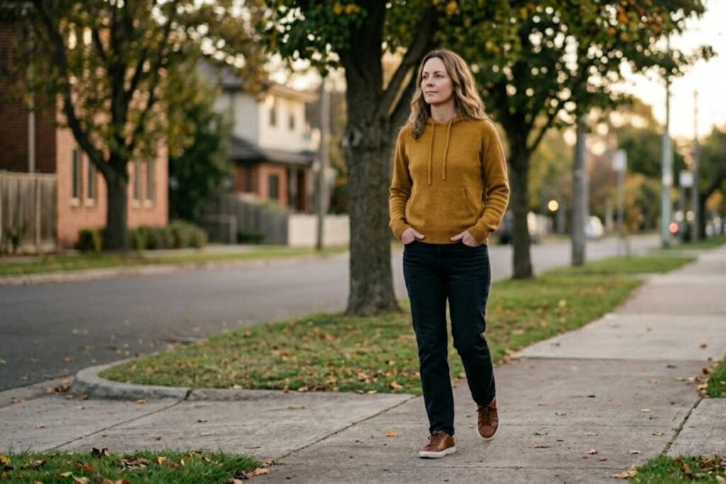 A person in recovery pausing on a walk outside, hands in pockets, looking ahead with quiet resolve representing the ongoing journey of overcoming transfer addiction after getting sober.