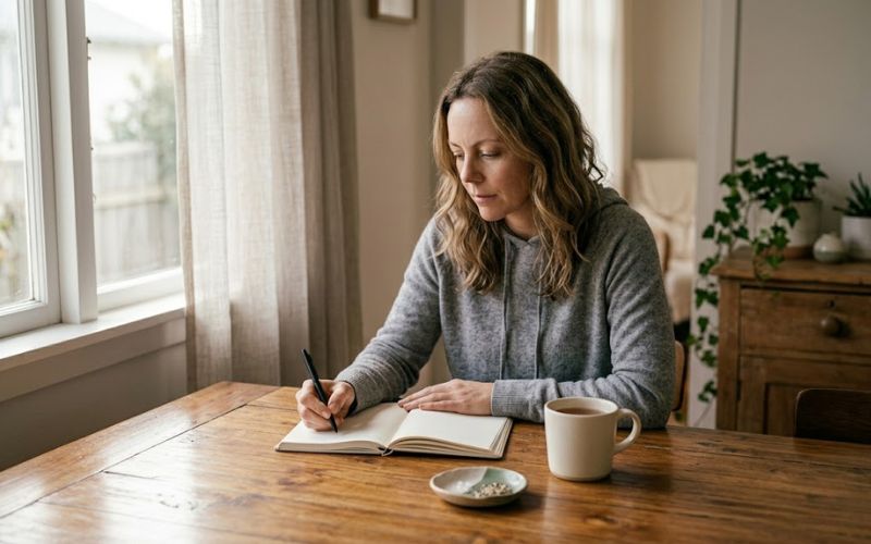 A person journaling at a table with a cup of tea, reflecting on their recovery journey and behavioral patterns as part of recognizing transfer addiction.