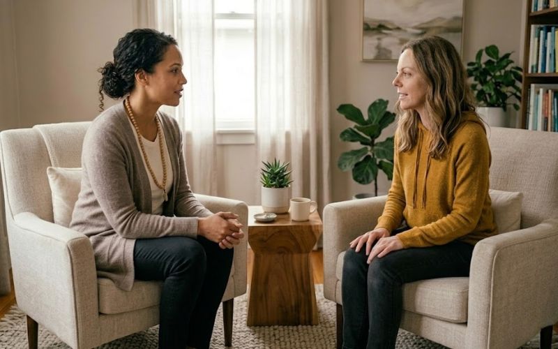 A compassionate therapist and client in a calm, professional outpatient therapy session, representing the personalized dual diagnosis care available at Heartfelt Recovery Centers.
