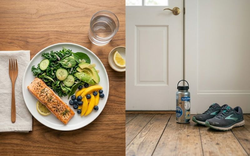 Healthy meal prep and running shoes representing holistic wellness practices that support brain recovery from substance use disorder 