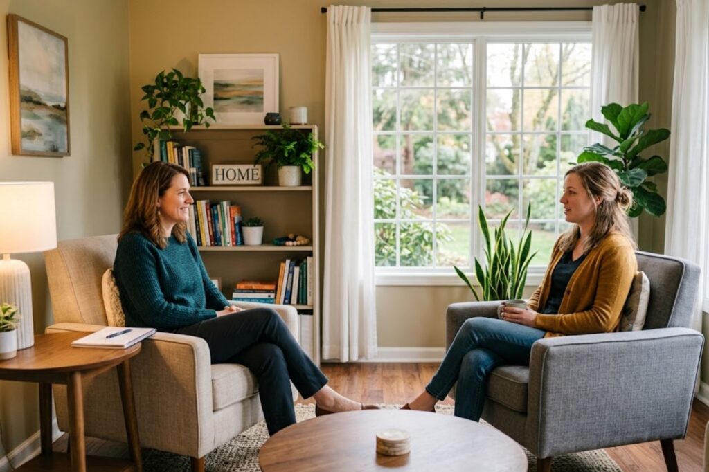 Person sitting in a comfortable therapy office with natural light, representing outpatient treatment at Heartfelt Recovery Centers in Hudson, NH