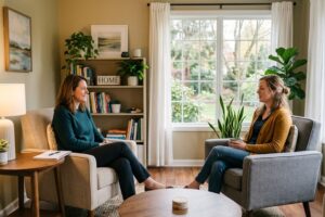 Person sitting in a comfortable therapy office with natural light, representing outpatient treatment at Heartfelt Recovery Centers in Hudson, NH
