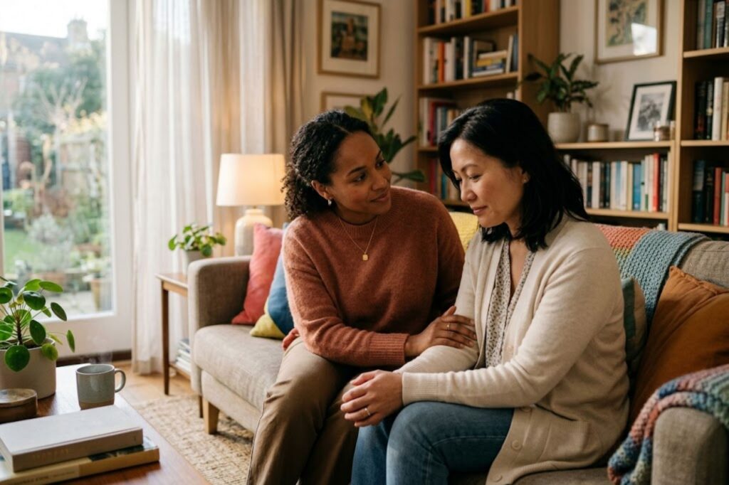 concerned family member sitting with a loved one in a supportive conversation about getting help for meth addiction