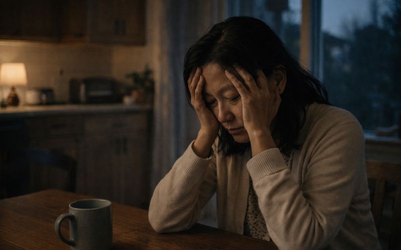 Person sitting alone at a kitchen table at dusk, head in hands, appearing fatigued and emotionally overwhelmed in a quiet home setting