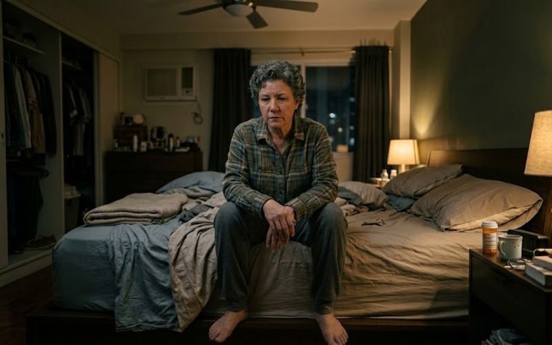 Person sitting on the edge of a bed at night looking fatigued and unwell, showing signs of opioid withdrawal