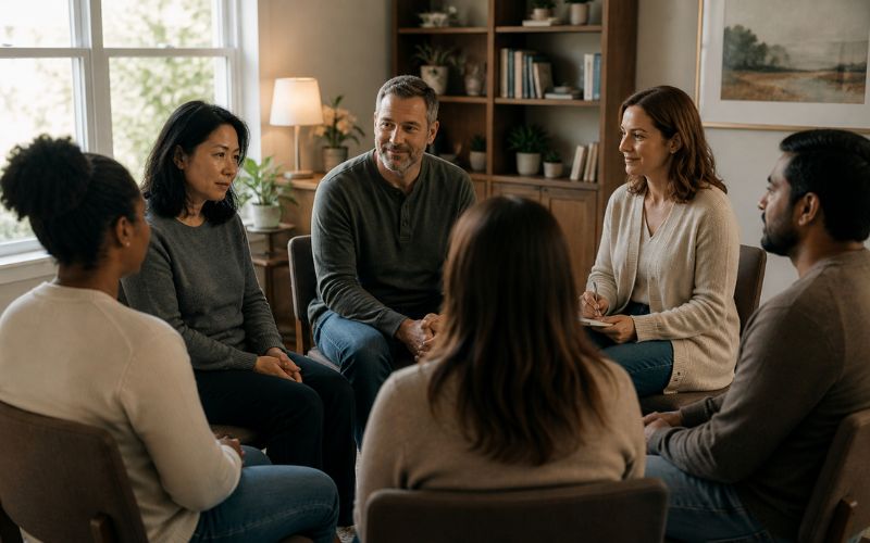 A small group therapy session at an outpatient addiction treatment center, with participants engaged in a supportive discussion