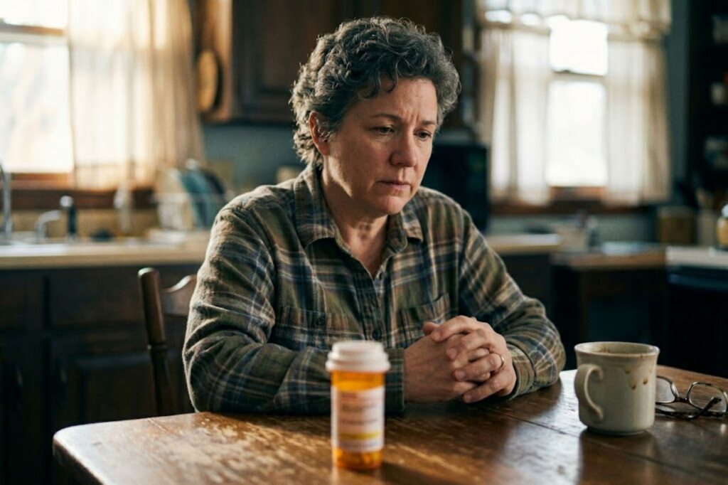 Person sitting alone at kitchen table looking at prescription pill bottle with a thoughtful, concerned expression
