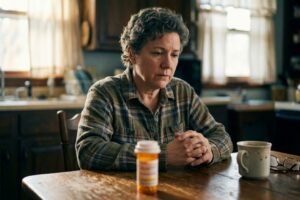 Person sitting alone at kitchen table looking at prescription pill bottle with a thoughtful, concerned expression