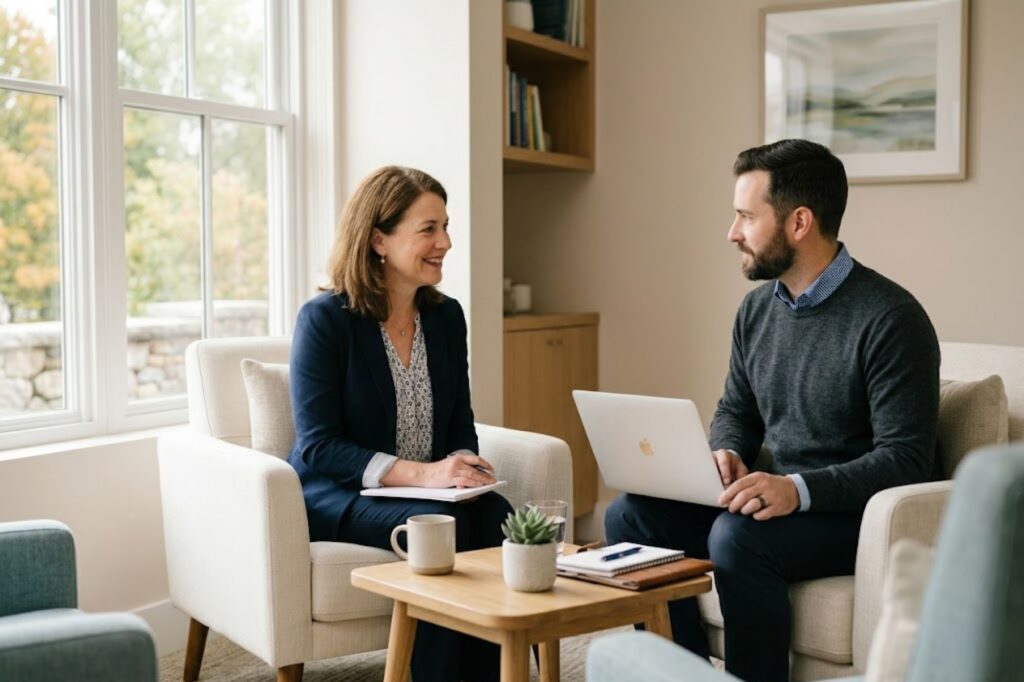 Working professional in Southern NH discussing outpatient treatment scheduling options with a counselor