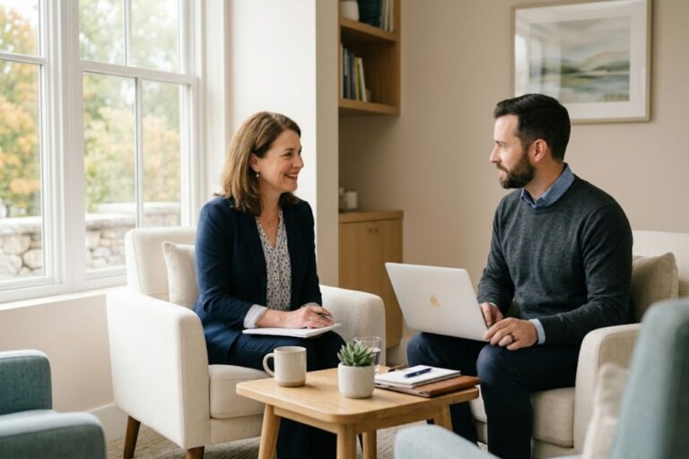 Working professional in Southern NH discussing outpatient treatment scheduling options with a counselor
