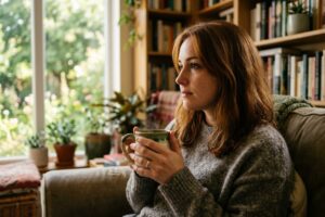 A woman sitting in a sunlit living room, holding a ceramic mug with both hands, looking out a window with a reflective and courageous expression.