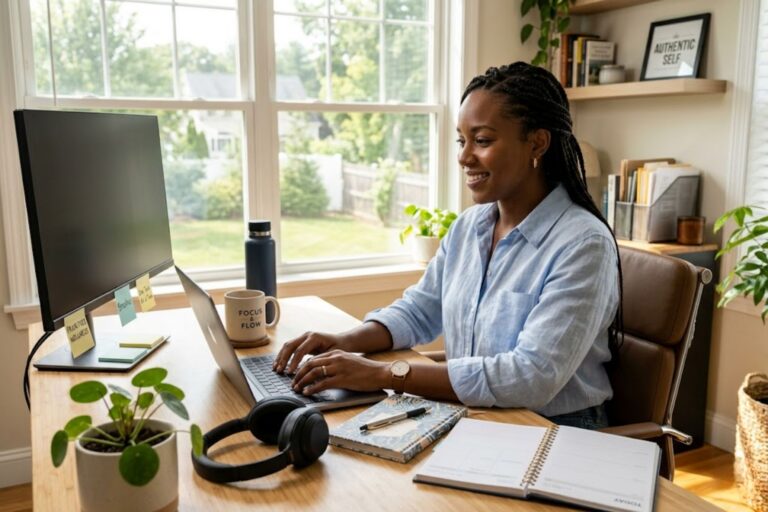 Young professional balancing laptop and wellness in flexible addiction treatment program Hudson, NH