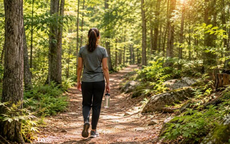 Person hiking on New Hampshire trail representing outdoor wellness activities for addiction recovery