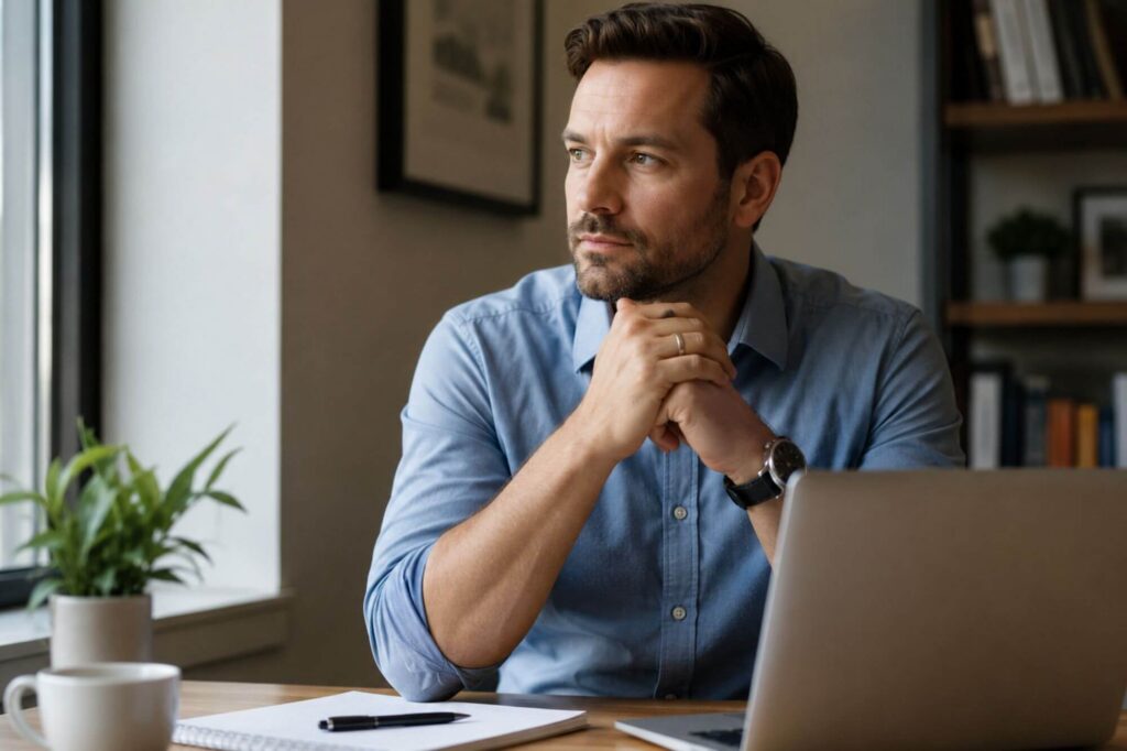 Professional sitting at a desk in a New Hampshire office, looking thoughtful and composed, representing someone privately researching addiction treatment options while maintaining their career.