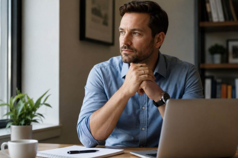 Professional sitting at a desk in a New Hampshire office, looking thoughtful and composed, representing someone privately researching addiction treatment options while maintaining their career.