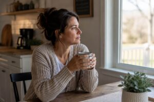 Person sitting alone at a kitchen table on a quiet morning after a holiday weekend, holding a coffee mug and looking out the window in quiet reflection
