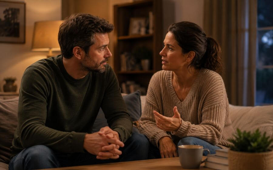 A couple sitting together at home having a calm, honest conversation, representing a family discussion about alcohol use and seeking help in New Hampshire