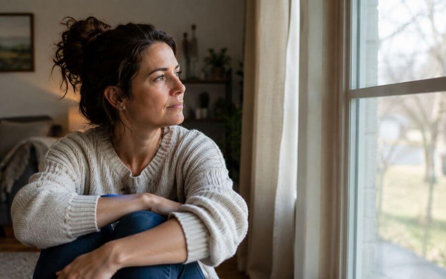 Person looking thoughtfully out a window on a quiet afternoon, representing private self-reflection about drinking patterns after a holiday weekend