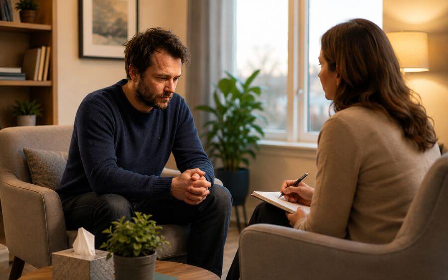 Therapist and patient in a calm dual diagnosis treatment session at a New Hampshire outpatient center, addressing both anxiety and alcohol use disorder together 