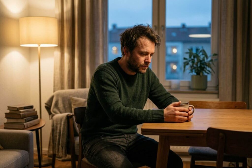 Person sitting quietly at home looking thoughtful and tired, representing the experience of managing both anxiety and alcohol use disorder before seeking dual diagnosis treatment in New Hampshire