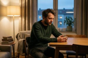 Person sitting quietly at home looking thoughtful and tired, representing the experience of managing both anxiety and alcohol use disorder before seeking dual diagnosis treatment in New Hampshire