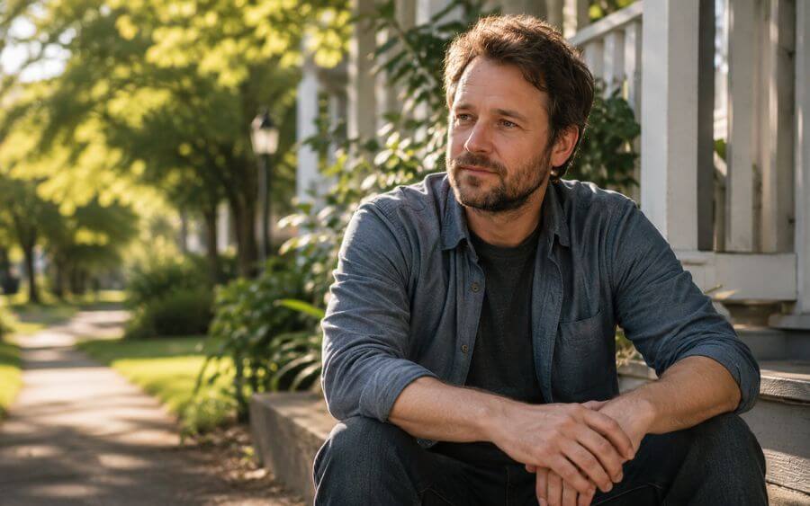 Person sitting outside in New Hampshire sunlight with a calm and settled expression, representing recovery from co-occurring anxiety and alcohol use disorder 