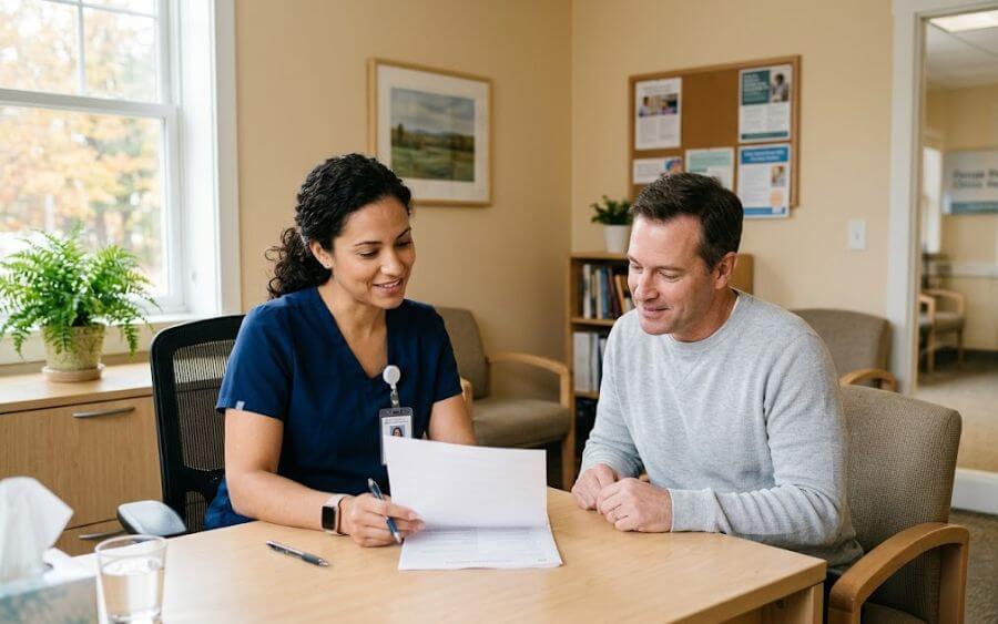 Medical professional reviewing a patient's care plan at a New Hampshire treatment facility, representing supervised benzo withdrawal management