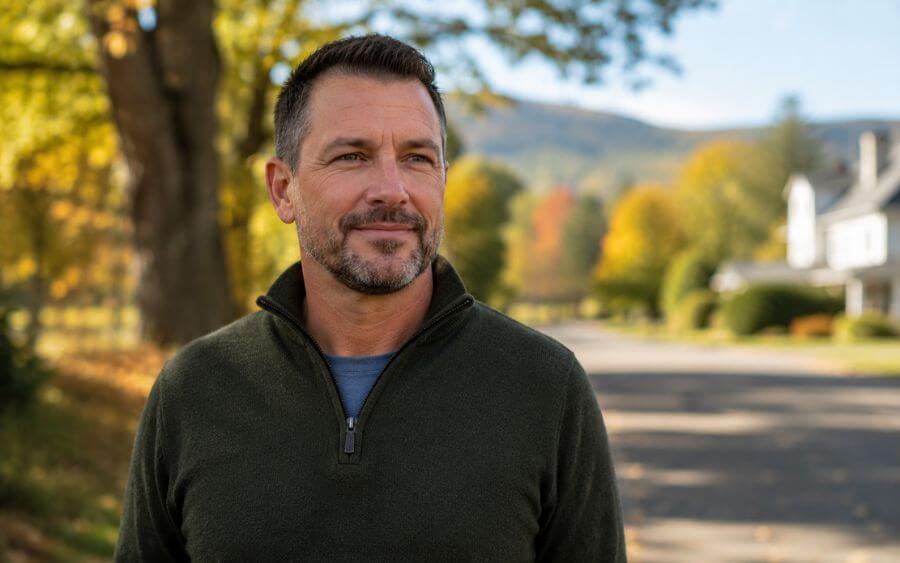 Person standing outside in natural light in New Hampshire, looking forward with a calm and hopeful expression, representing recovery from benzodiazepine dependence