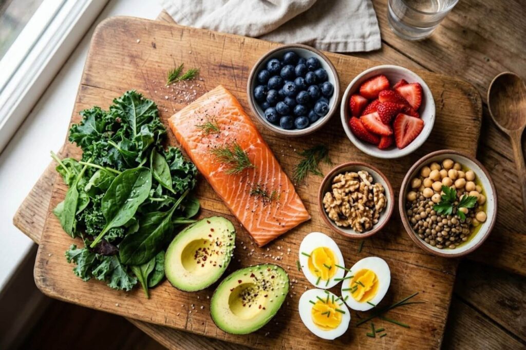 Colorful fruits, vegetables, and proteins arranged to show brain-healthy foods for addiction recovery.