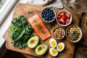Colorful fruits, vegetables, and proteins arranged to show brain-healthy foods for addiction recovery.