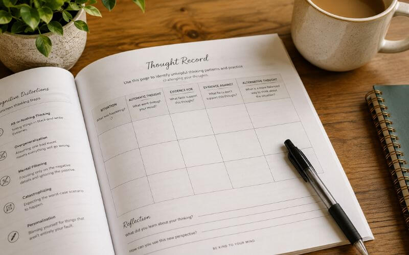 Therapy workbook showing CBT thought tracking exercises and DBT distress tolerance skills for dual diagnosis treatment