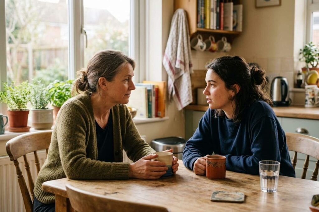 Parent and young adult college student sitting together at a kitchen table having a calm, honest conversation before the fall semester, representing family support for addiction treatment in New Hampshire