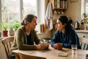 Parent and young adult college student sitting together at a kitchen table having a calm, honest conversation before the fall semester, representing family support for addiction treatment in New Hampshire