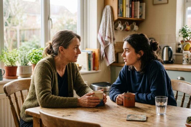 Parent and young adult college student sitting together at a kitchen table having a calm, honest conversation before the fall semester, representing family support for addiction treatment in New Hampshire