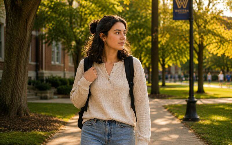 Young adult walking confidently across a college campus in New Hampshire in late summer, representing a student entering the fall semester with recovery support and a plan