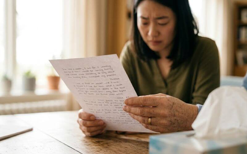 Family member reading prepared statement during intervention showing love and concern for person with addiction