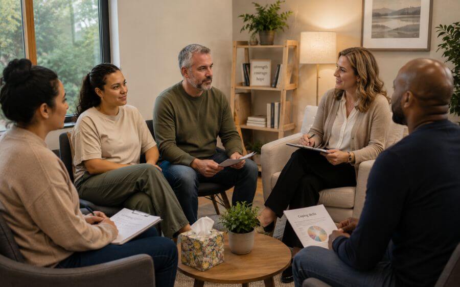 Small DBT skills group session at a New Hampshire outpatient treatment program, with participants learning emotional regulation techniques together