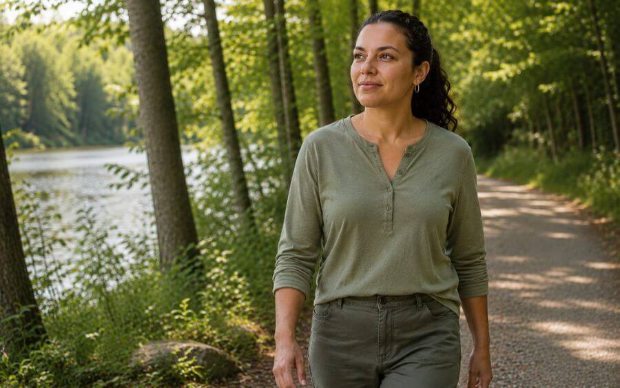Person walking outdoors in New Hampshire with a calm, grounded expression, representing the stability and emotional growth that DBT therapy supports in addiction recovery