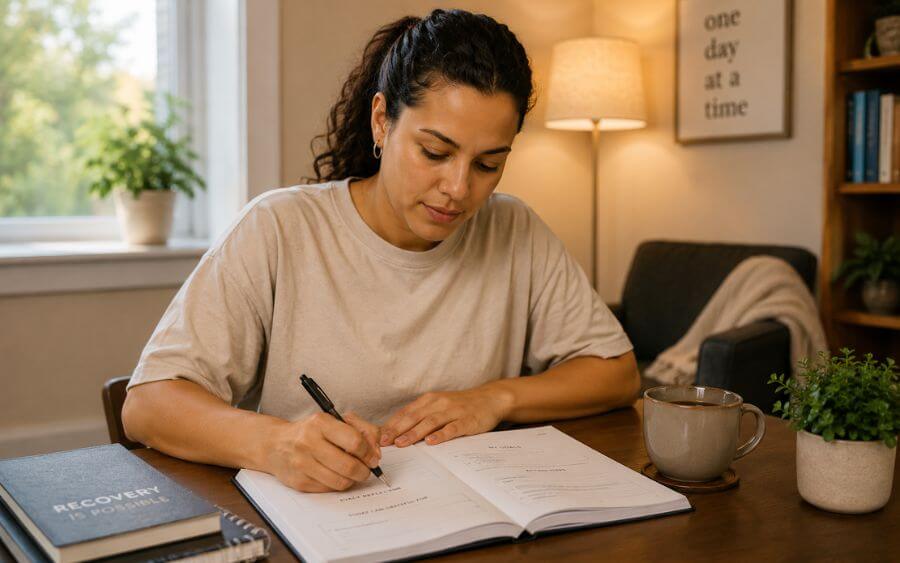 Person sitting at a table with a DBT skills workbook open, working through exercises at a New Hampshire outpatient treatment program