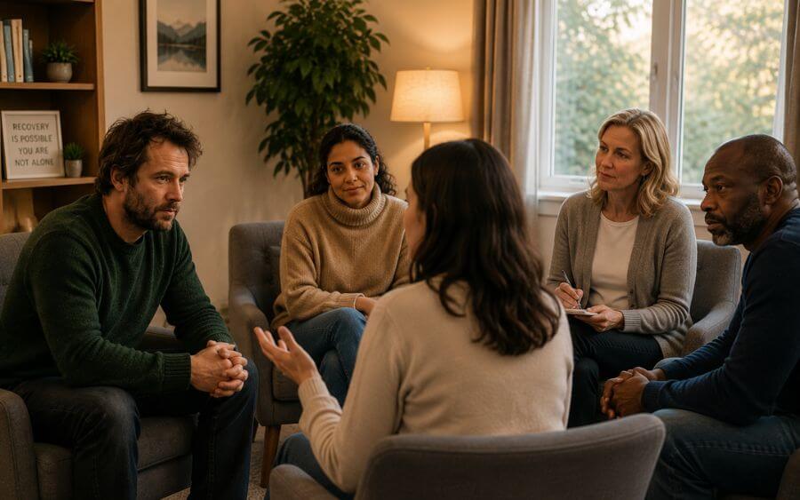 Small dual diagnosis group therapy session at Heartfelt Recovery Centers in New Hampshire, with participants working through anxiety and addiction recovery together. 